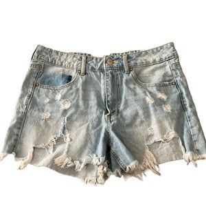 Forever 21 Womens Sz 28 Distressed Cutoff Mid Rise Light Wash Fringe Jean Shorts